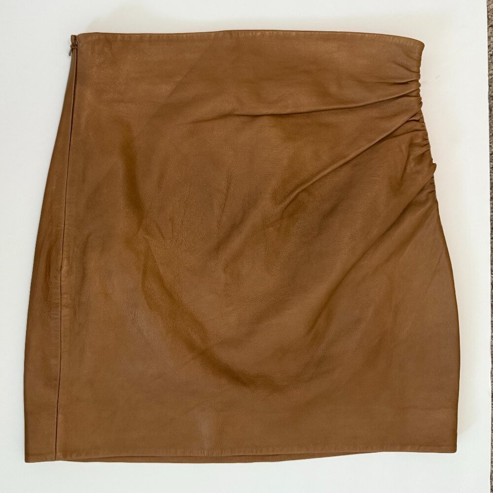 The Sei Lambskin Leather Mini Skirt Brown Size 4 Ruched Detailing Lined
